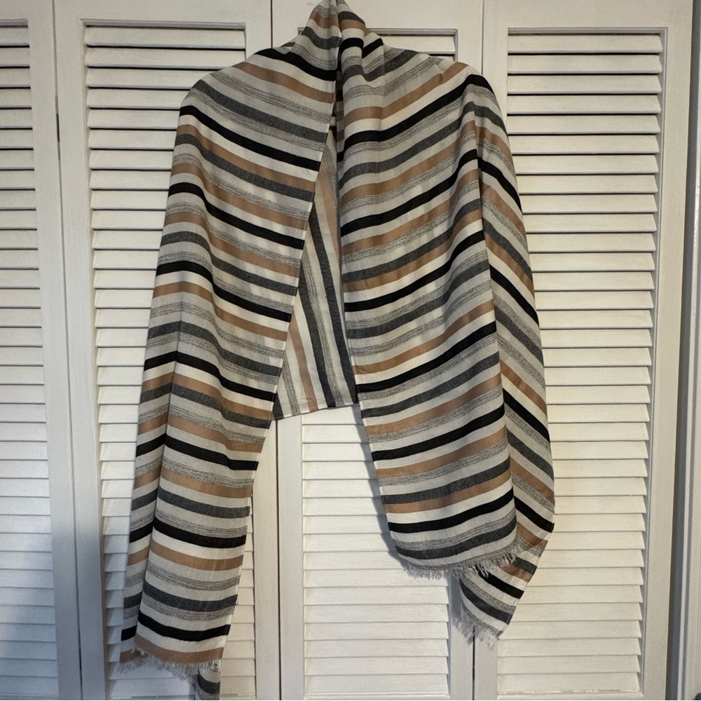 Neutral Striped Lightweight Scarf with Fringe